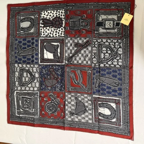 Vintage Hermès Carré 65 Cotton Scarf – Anthracite/Marine/Red – With Box - Picture 2 of 9